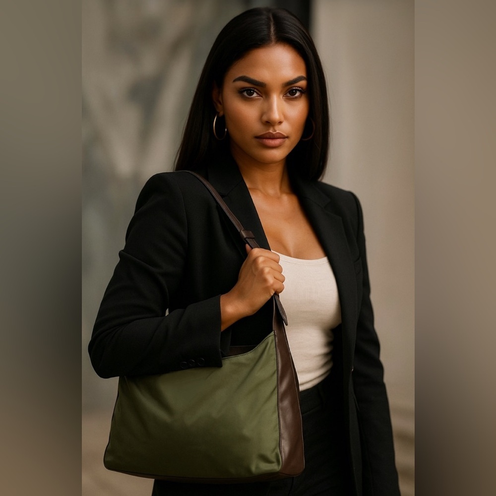 PRADA Vintage Tessuto Nylon Hobo Bag Olive Green Leather Trim B7816 Y2K - Picture 3 of 15